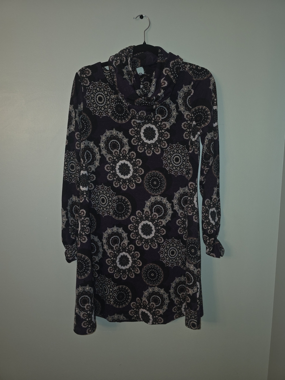 R&K Black Floral Medallion Cowl Neck Long Sleeve Dress